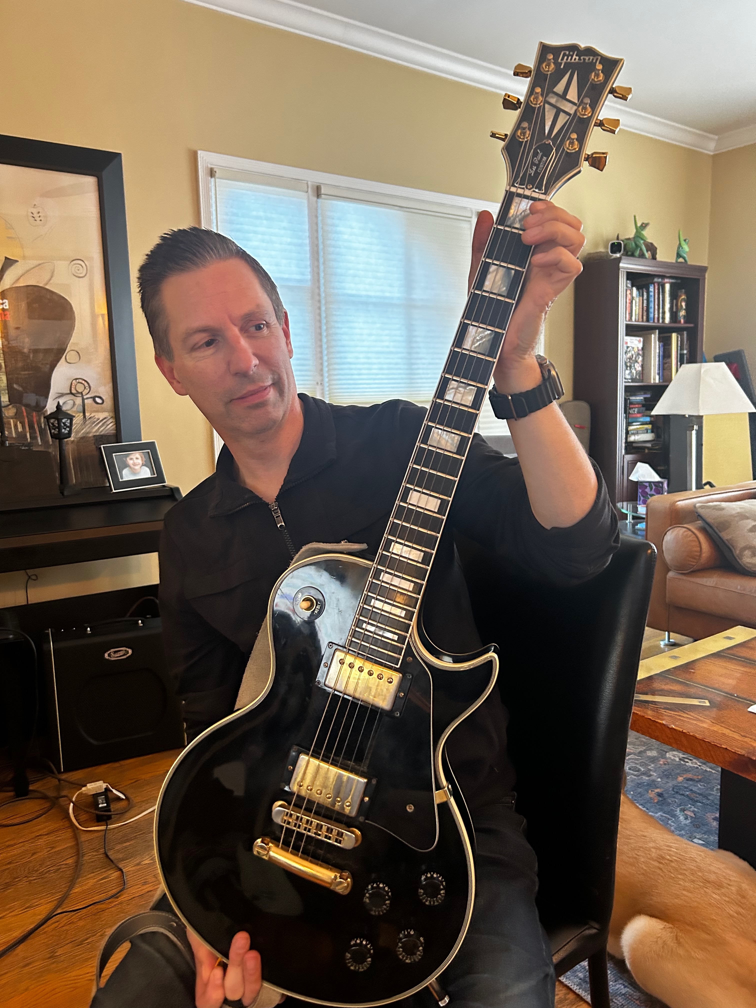 Guitar student Jason with his vintage 1970s Les Paul Custom at Matt Rosenfeld's studio
