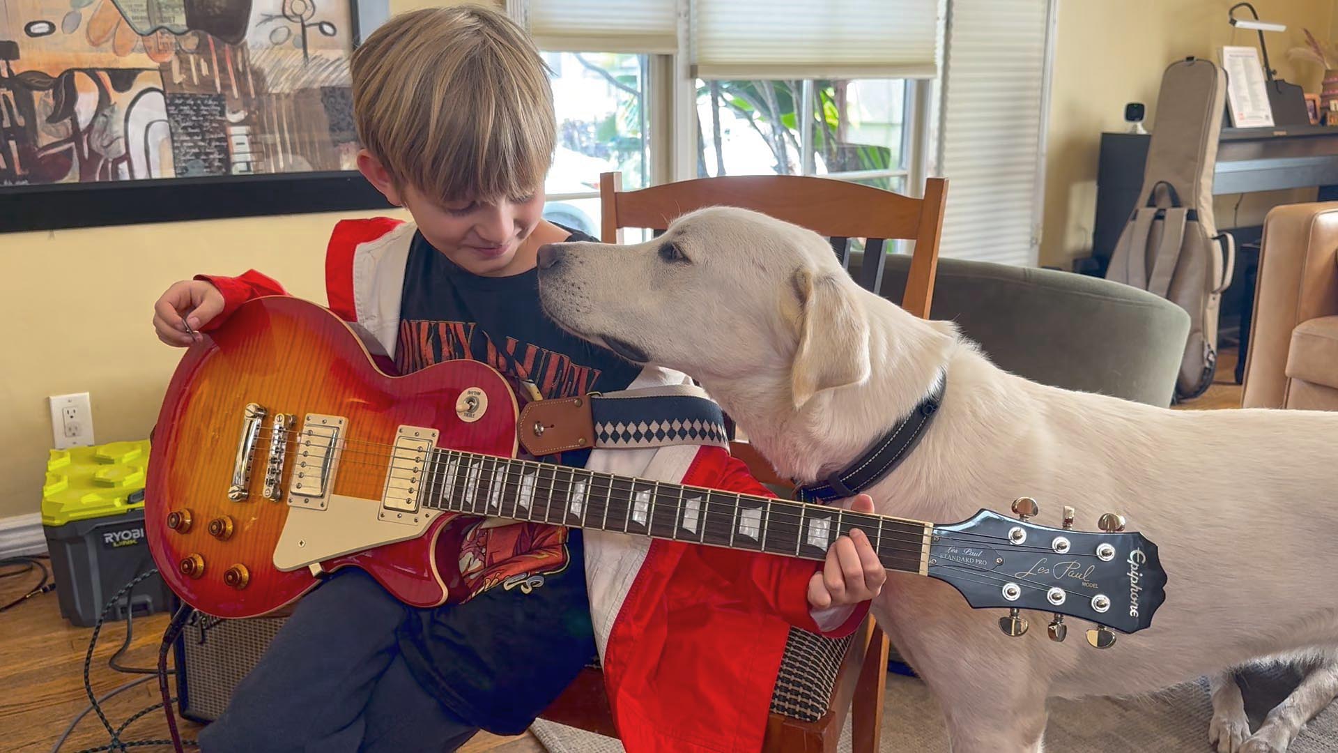 Guitar student Landon with his Les Paul at Matt Rosenfeld's studio